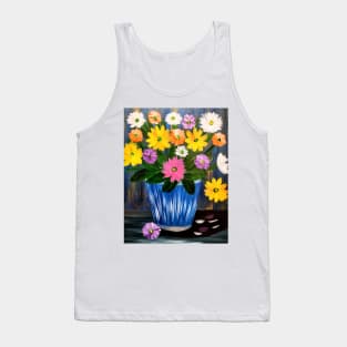 A beautiful bouquet flowers in a glass and gold vase . Using my favorite colors as vibrant background Using Acrylic and metallic paints. Tank Top